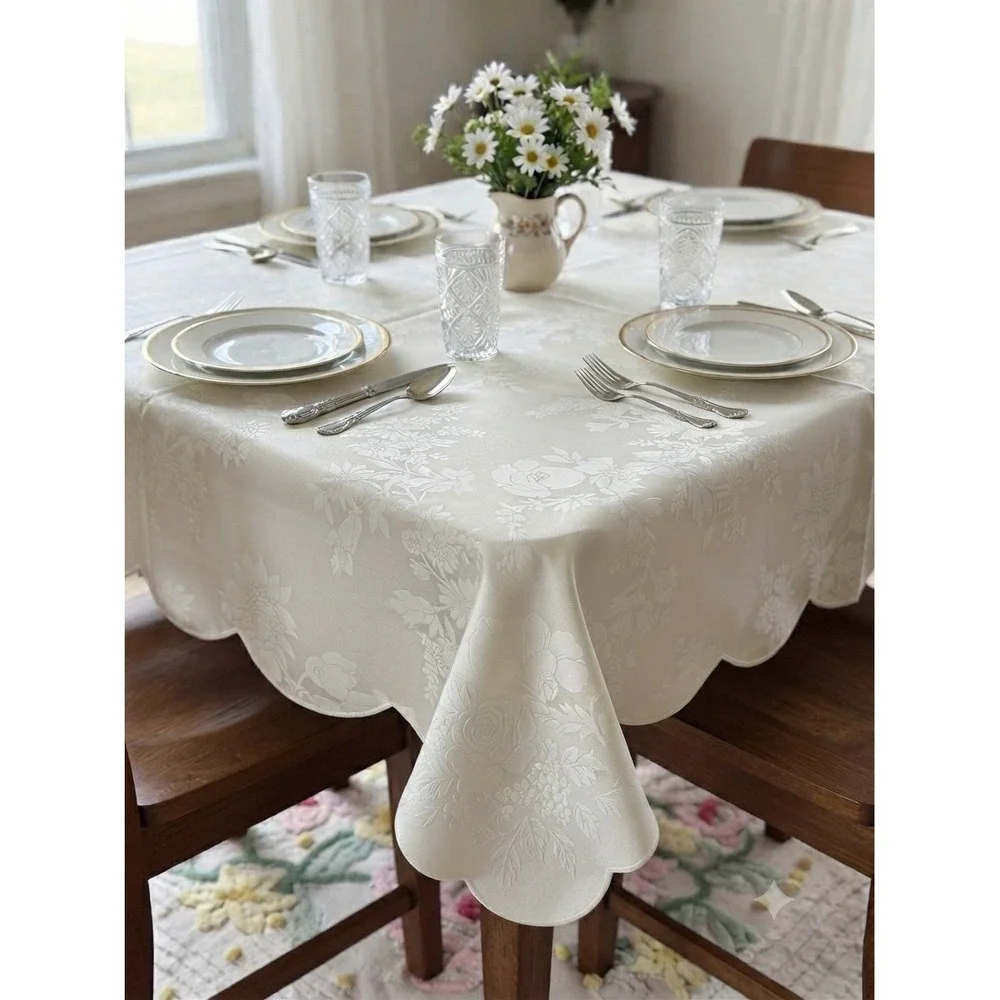 Vintage Deluxe Quality Vinyl Tablecloth Flannel Backed Floral Cream 52x90 New